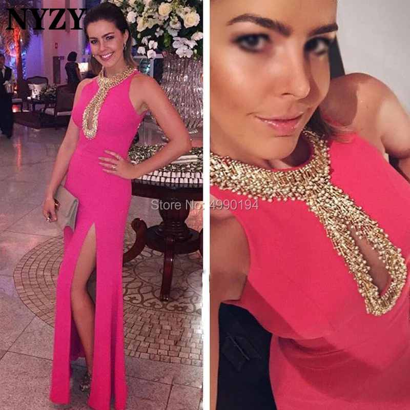 

NYZY E56 Luxury Evening Dress Mermaid High Slit Sexy Pearls Crystals Fuchsia Formal Dress Party robes de soiree longue 2019