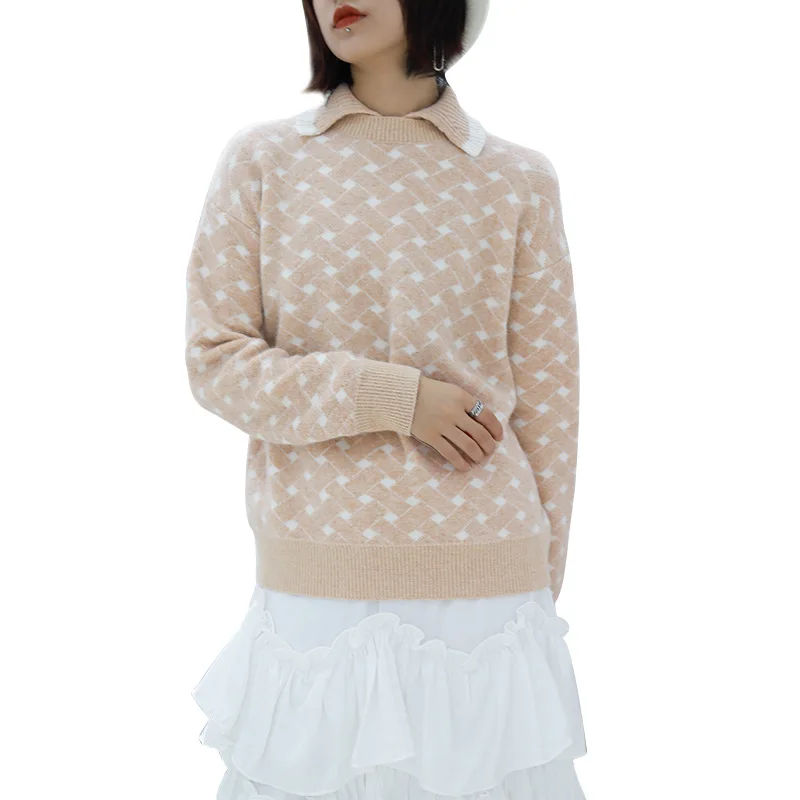 A Generation of Fat Sweater Female 2018 Autumn And Winter Mink Plaid Long-Sleeve Sweater Fresh Lapel Sweater Female 5173 A Generation of Fat Sweater Female 2018 Autumn And Winter Mink Plaid Long-Sleeve Sweater Fresh Lapel Sweater Female 5173
