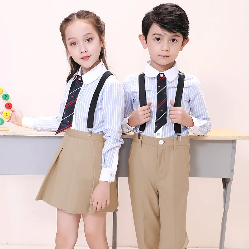 

japanese fashion school girl skirt and shirts sets korea school girl uniform stiped shirts and beige pants sets for students