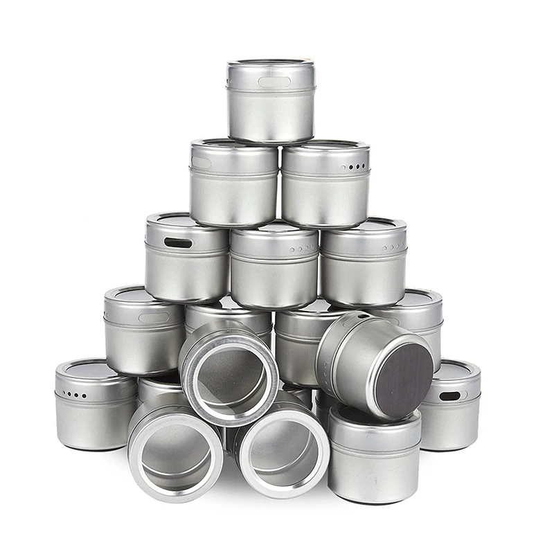 

Hot Sale Magnetic Spice Tins Stainless Steel Spice Jar Set With Stickers Pepper Shakers Salt Pepper Set Seasoning Sprays