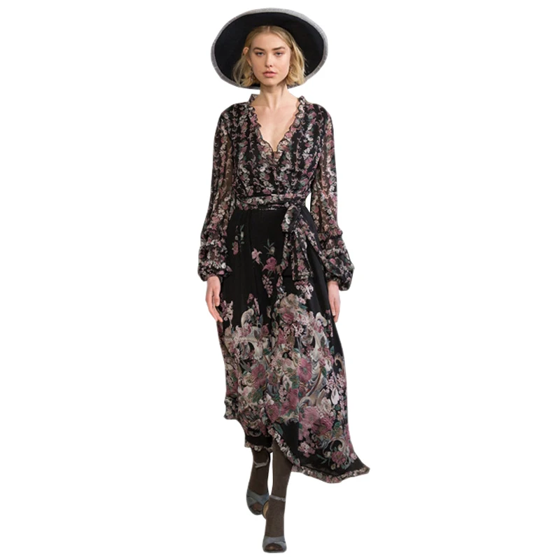 

runway 2019 women spring summer dress flower print maxi long dress ruffle v-neck long sleeved wrap bohemian floral beach dress