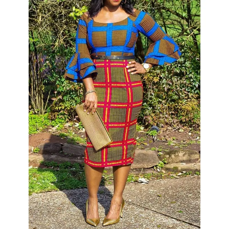 

Office Lady Sexy Club Women Dresses Casual Plus Size Streetwear Bodycon Flare Sleeve Plaid Female Fashion Beach Retro Dress