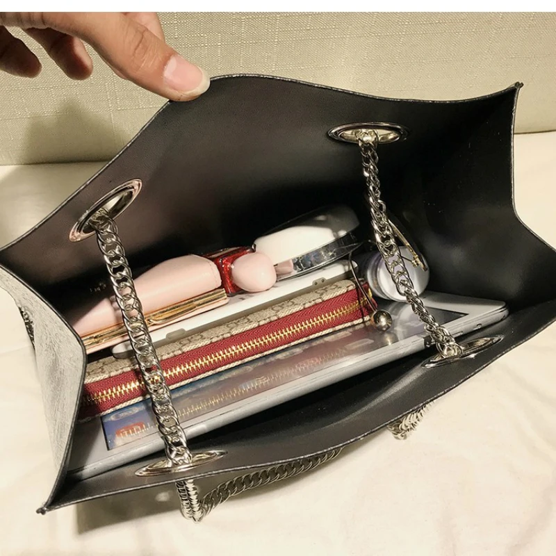  Big Tote Female Bag Burst Crack Chain Shoulder Messenger Bag PU Leather Rivet Large Capacity Mobile - 32950907677