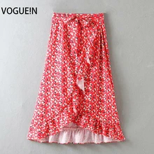 VOGUEIN Новая женская повседневная юбка миди с цветочным принтом и рюшами на поясе, красная Асимметричная юбка