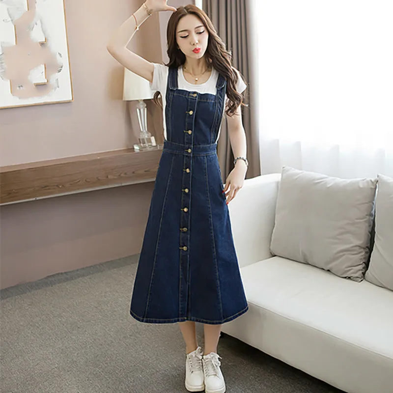 

New Fashion Denim Dress Spring Summer Casual Single Breasted Denim Sundress Overalls Loose Spaghetti Strap Jeans Dresses