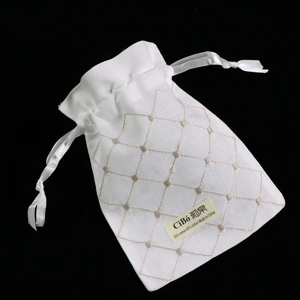 B014 12 Pieces White Ramie/cotton Embroidery Gift Drawstring Bags