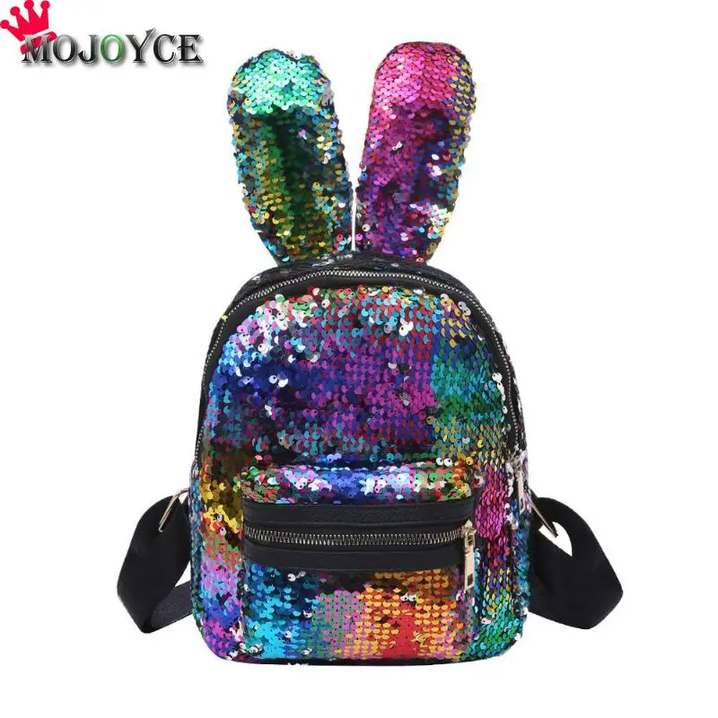 

Sequins Rabbit Ears Shoulder Backpack Women Girls Travel School Rucksack Female Leather Back pack