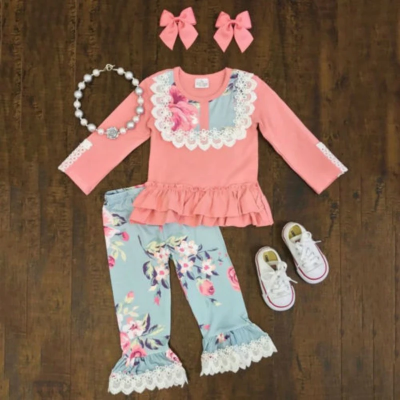  UK 2PCS Toddler Kids Baby Girl Lace Ruffle Tops Flower Long Pants Outfit Clothes