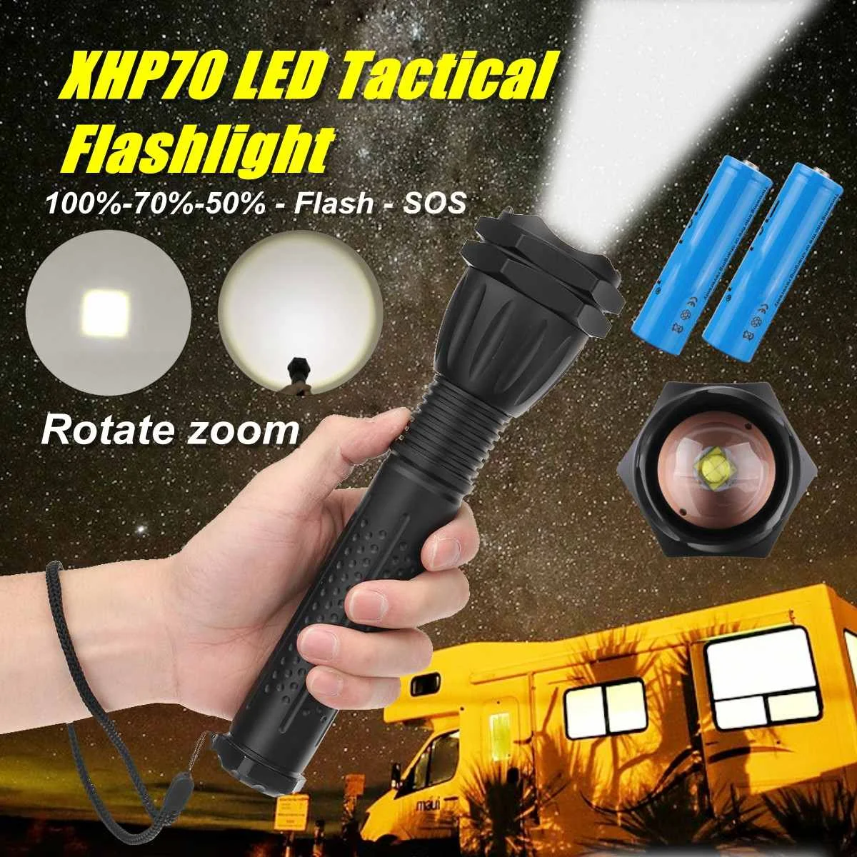 

30w Powerful Flashlight 3800lm XHP70 LED Flash Light Torch Tactical Zoom Hunting Lantern Headlight 18650 Battery with USB Cable