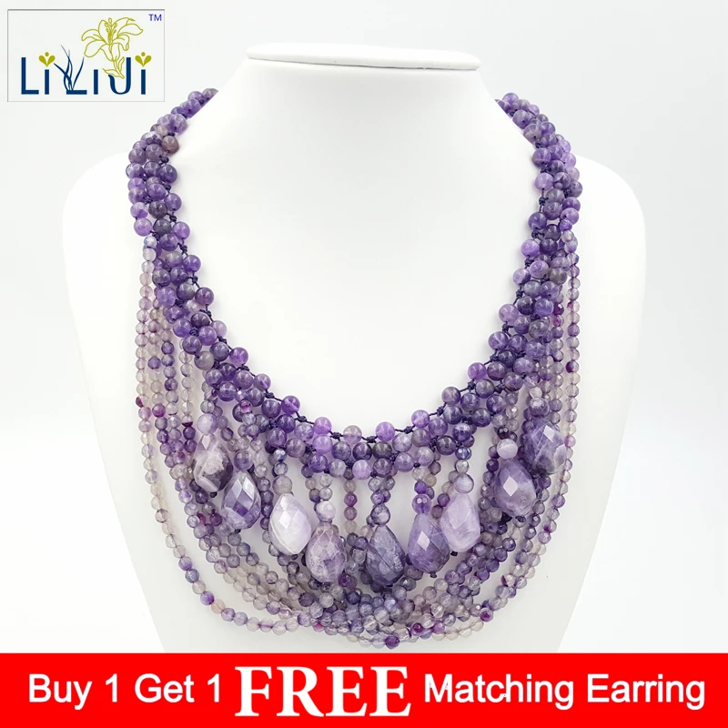 

Lii Ji Natural Amethyst, Dye Agate with Jade Toggle Clasp Handmade Knitting Necklace