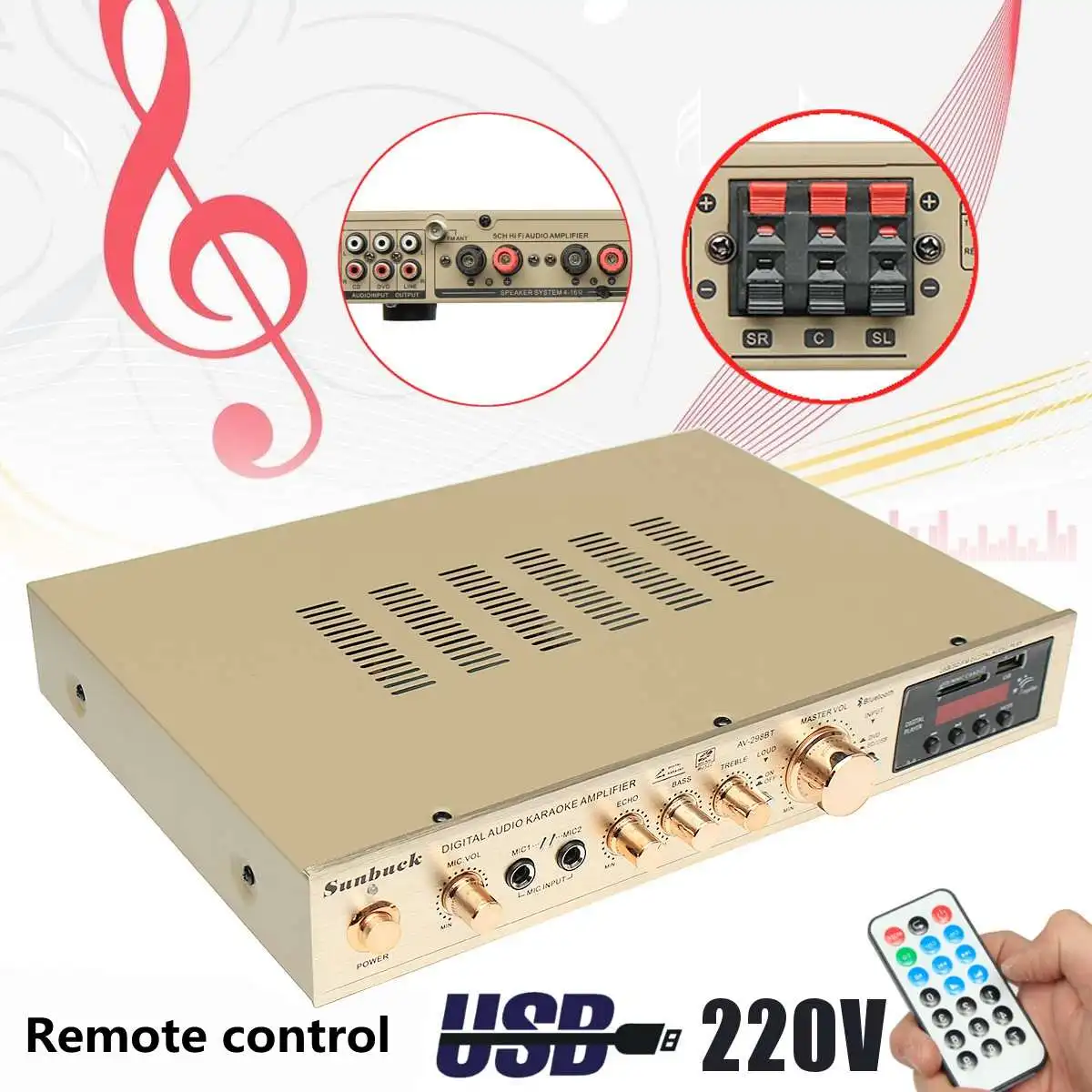 

298B bluetooth 2.0 Channel 2000W 5 Channel Audio Power Amplifier 220V AV Amp Speaker with Remote Control Support FM USB SD Cards