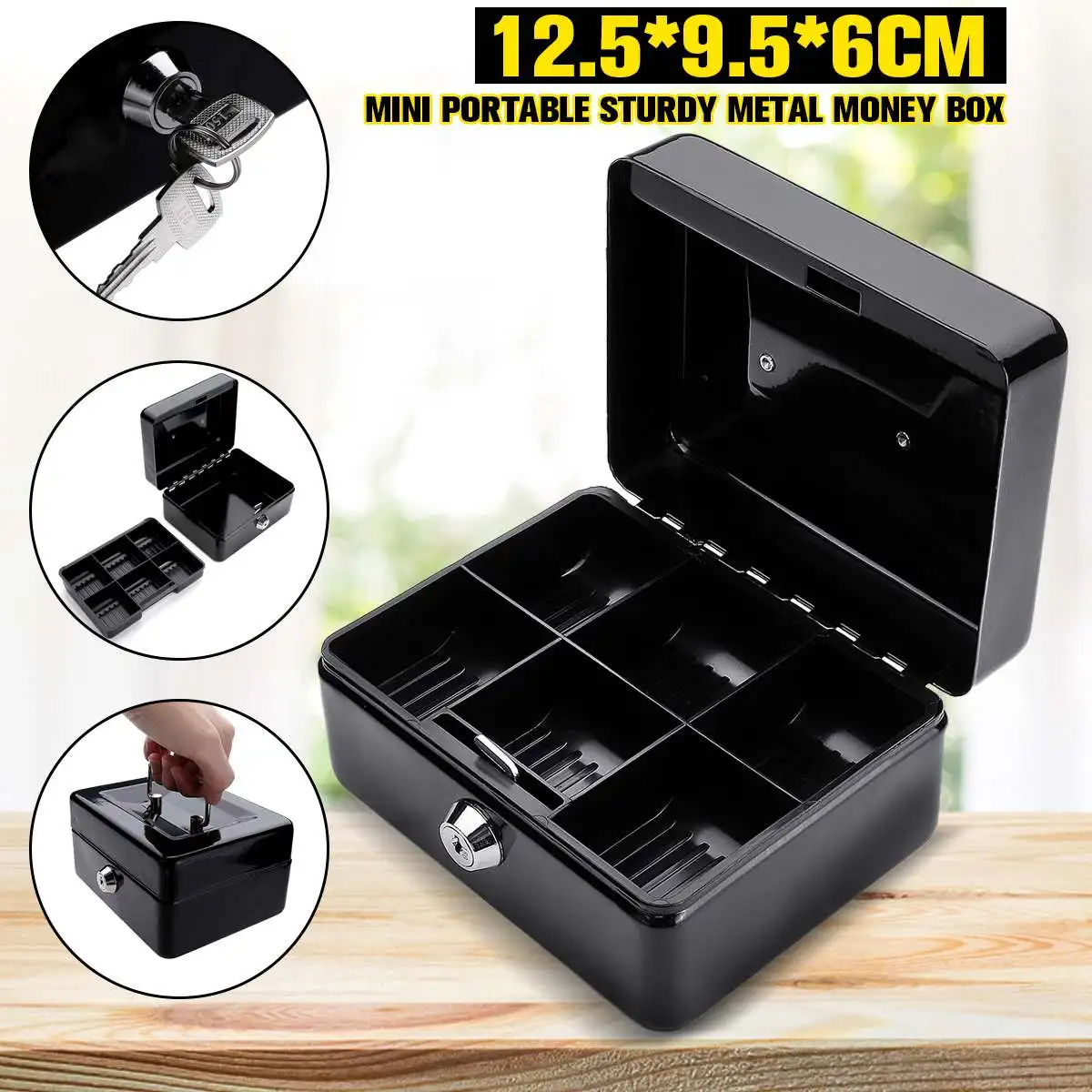 

Small Black Metal Piggy Bank Safety Deposit box for Money Coin Cash With Secret Key Cash Drawer Home Decoration Gift for Kid
