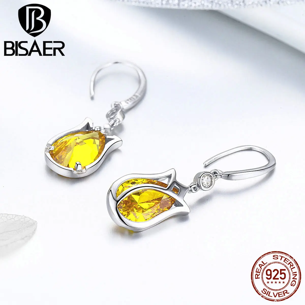 BISAER отличительные 925 пробы серебряные специальные Желтые тюльпаны серьги женские модные серьги, украшения для свадьбы HVE065