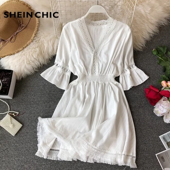 

White Ruffles V-Neck Midi Summer Dress 2019 Women Boho Tassel White/Black Lace Hollow Out Beach Dress Vestidos