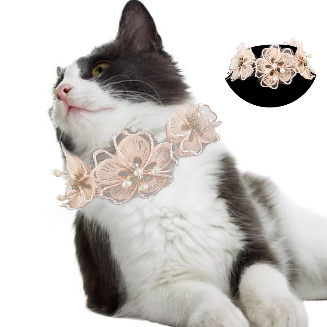 

2019 New Pet Necklace Fashion Cute Cartoon Charm Lace Flower Pearl Cat Necklace Pet Collar Necklace Collars for Cats