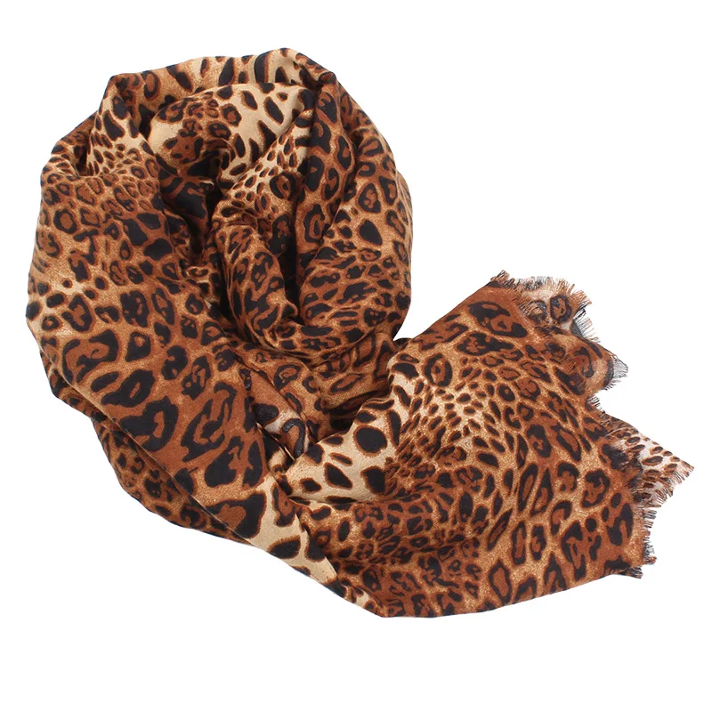 Women Leopard Print Long Scarf Fringing Trims Oversized Large Cotton