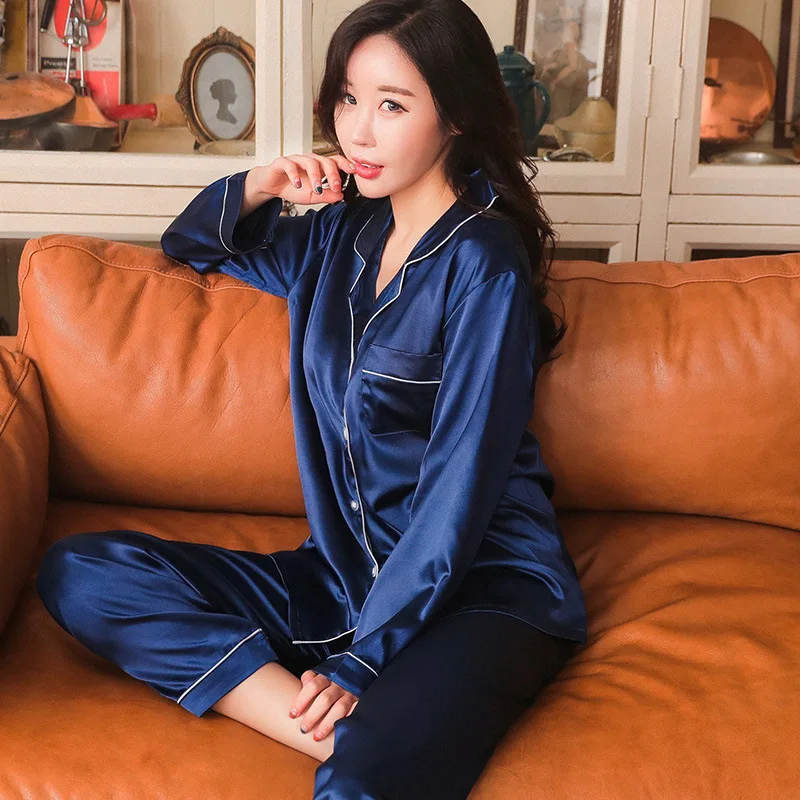 

Spring Summer New Ice Silk Long Sleeve Women Pajama Set Solid Color Elegant Fashion Stain Pijama