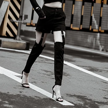 

Women High Waist Trendy Pants Hippie Ribbon Knee Cut Out Hole Buckle Button Split Hipster Trousers Female Streetwear Sexy Slacks