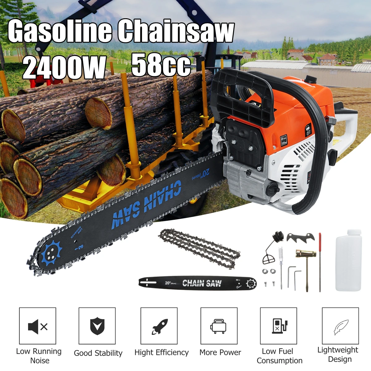 

2400W 8500rpm 58CC 20 Gasoline Chainsaw Chain Saw Tool for Garden Yard