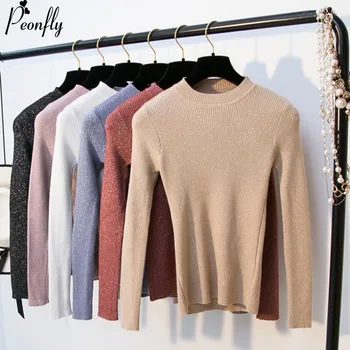 

PEONFLY Woman Fashion Sparkling Silk Elastic Elegant Sexy Long-sleeved O-Neck Knitting Jumper Women Sweaters Female Pullovers