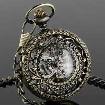 

New Arrival Bronze Tone Hollow Case Hand-winding Mechancial Pocket Watch Half Hunter White Dial Roman Number Watch w/Chain