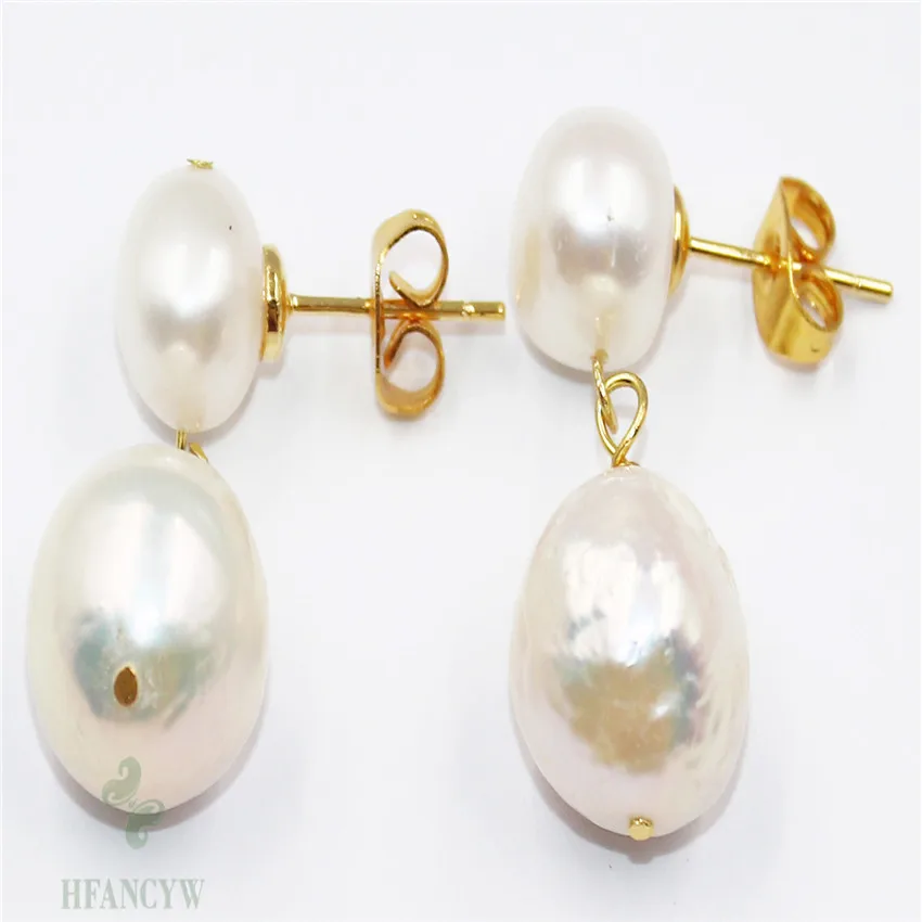 

13-14mm White Baroque Pearl Earrings Ear Stud Real Women Earbob Gift Dangler Mesmerizing AAA Aurora Party Fashion TwoPin
