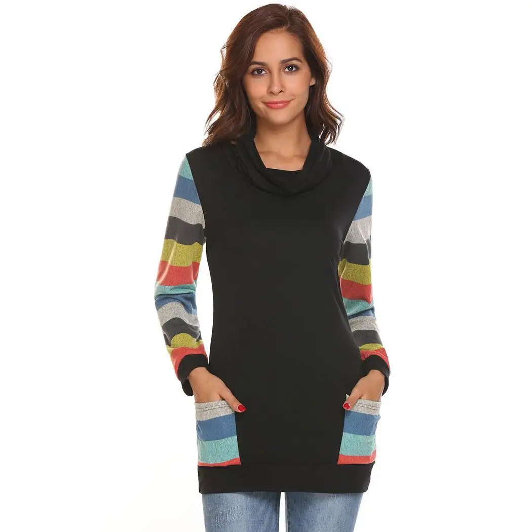 

Women Casual Turtle Collar Long Sleeve Patchwork Pocket Slim Fit Sexy T-shirt Tops