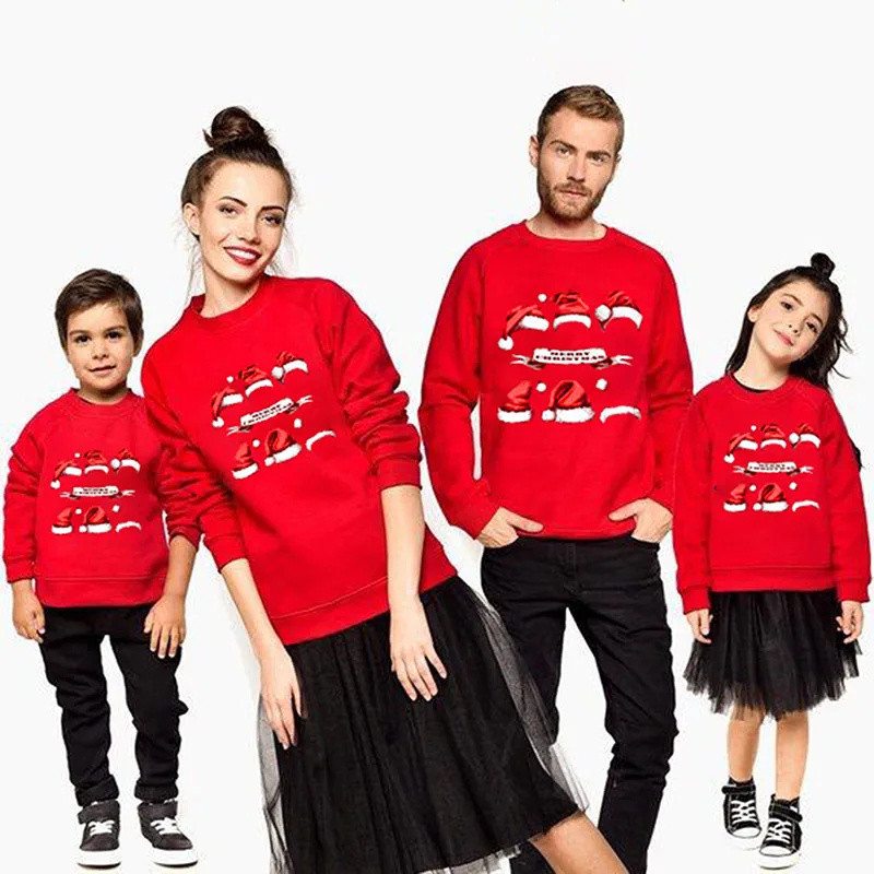 

Christmas Hoody Family Matching Sweatshirt Outfits Fashion Xmas Santa hat Cap Hoodies Kids Mom Dad Cotton Warm Pullover Red Tops