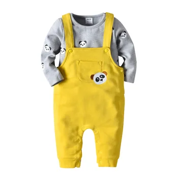 

Children's Suit European and American Baby Bear Head Cotton Printed Crewneck T - Shirt Yellow Embroidered Belts Two - Piece Suit