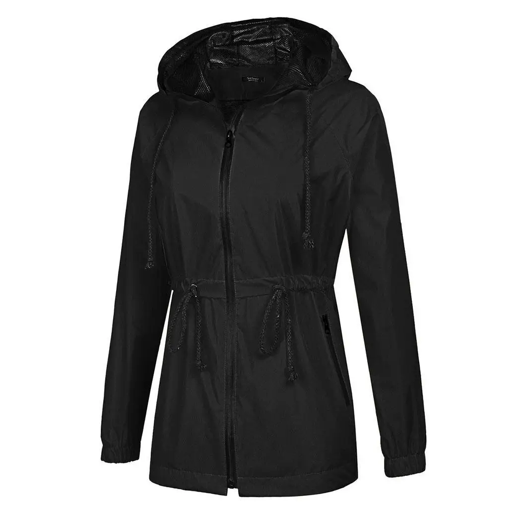 Hooded Lightweight Waterproof Black Navy Long Casual Raincoat Blue Sleeve Rain Zipper Regular Jacket Women Yellow Solid