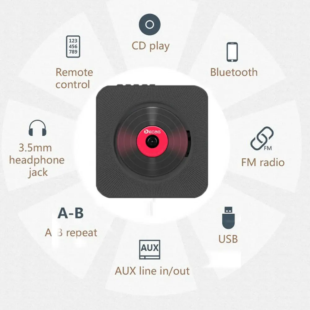 

CD Player Wall Mountable Bluetooth Portable Home Audio Box with Remote Control FM Radio Built-in HiFi Speakers MP3