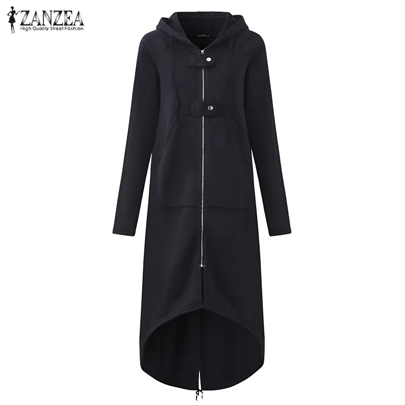 

ZANZEA 2019 Autumn Female Hooded Sweatshirt Zipper Up Slit Back Long Sleeve Loose Solid Asymmetrical Women Fleece Hoodies Coats