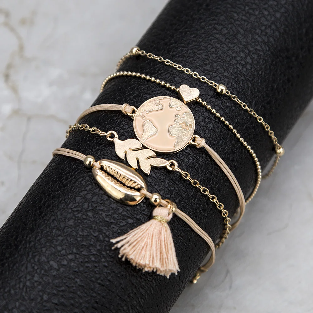 

MESTILO Bohemia Fashion 5Pcs/ Set Map Heart Shell Tassel Beads Chain Charm Pendant Bracelet Fashion Women Jewelry A Direct Sale