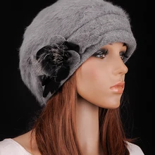 M631 Модные женские зимние теплые серые искусственный мех кролика шерсть цветок с помпоном мех милый берет шапка бини