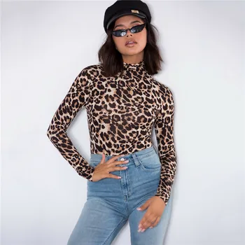 

Women Leopard Long Sleeve High Neck bandagne Bodysuit Elegant Ladies Stretch Party Leotard fashion evening bodycon streetwear