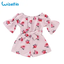 Розовая Одежда для девочек; детские комбинезоны с цветочным принтом; комбинезон для девочек; детские летние комбинезоны для девочек с рукавами-колокольчиками; D30