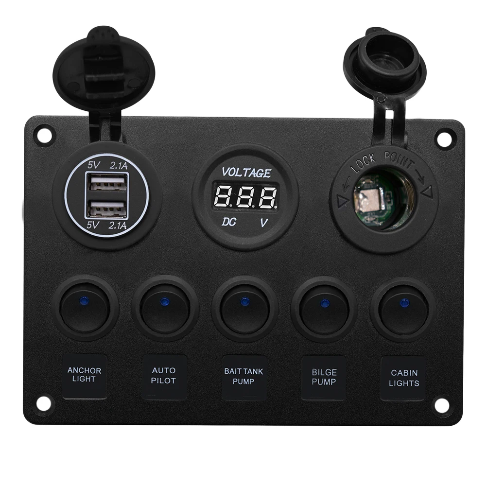 

1 Pc Rocker Switch Panel 5 Gang 2.1A Dual USB Ports Voltmeter Cigarette Lighter Light Indicator Vehicle Automotive Control Panel