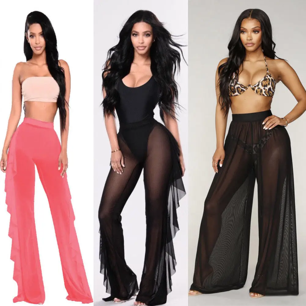 

Sexy Women Beach Cover-Ups Mesh Ruffle Sheer Wide Leg Long Pants Trousers Chiffon Casual Transparent Female Bikini Cover Up