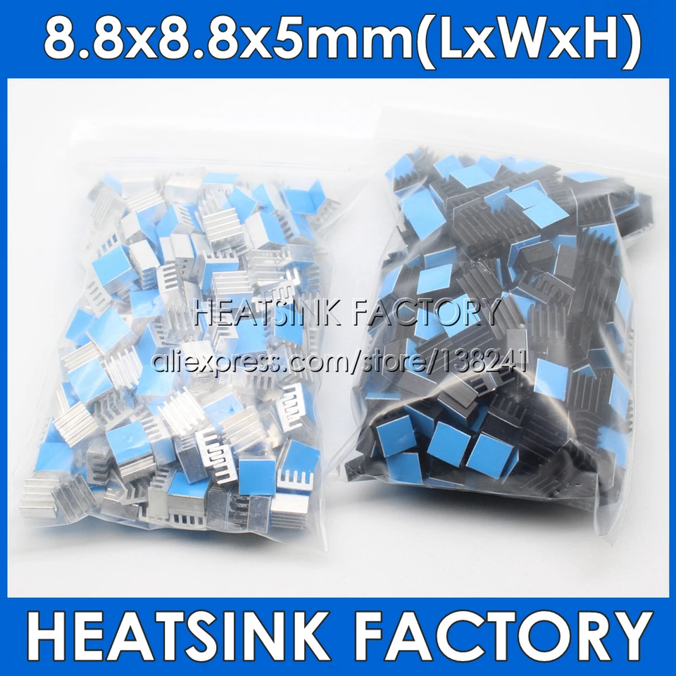 100pcs Small Aluminum Heatsinks With Thermal Tape – 8.8x8.8x5mm Chipset Coolers