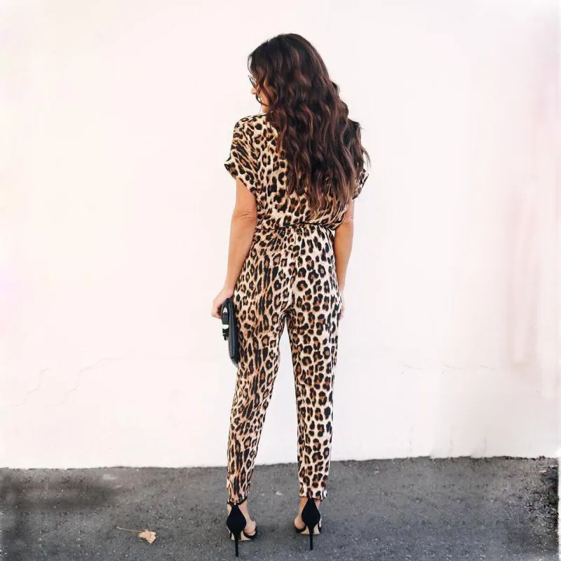 Женские комбинезоны с леопардовым принтом, с коротким рукавом, длинные штаны, на пуговицах, с v-образным вырезом, Женская Офисная повседневная одежда, GRNSHTS