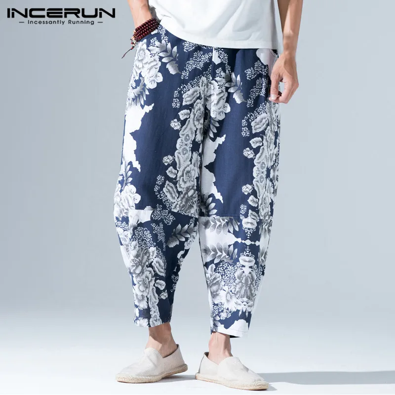 INCERUN Vintage Print Männer Casual Hosen Baumwolle Elastische Taille Jogger Lose Hosen Männer Streetwear Chinesischen Stil Harem Hosen Männer