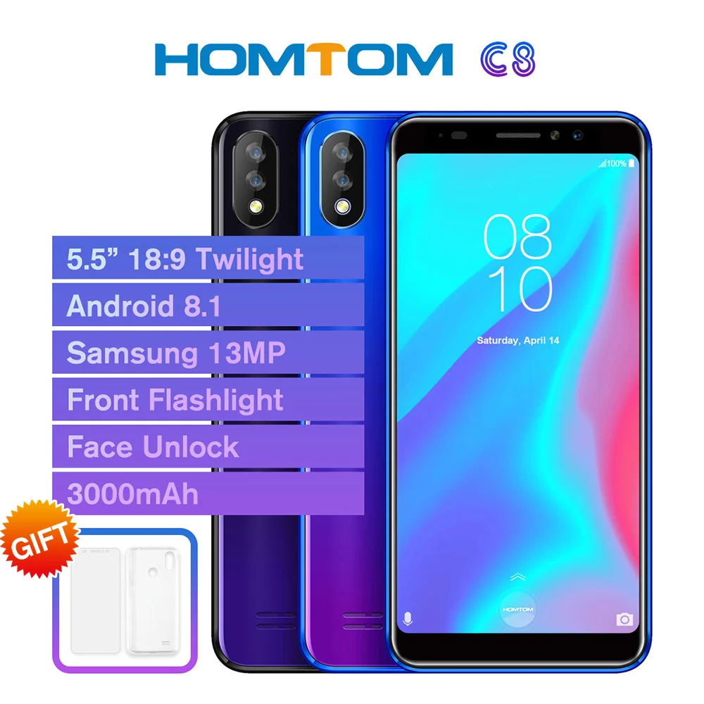 HOMTOM C8 5,5 дюймов мобильный телефон HD полный дисплей MT6739 Android 8,2GB 16GB 3000 mAh Face ID отпечатков пальцев 4G смартфон