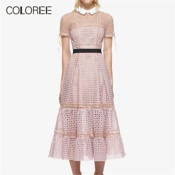 

Self Portrait Dress 2019 Women Elegant Pink Hollow Out Lace Patchwork Midi Mermaid Party Dress Summer Short Sleeve Dress