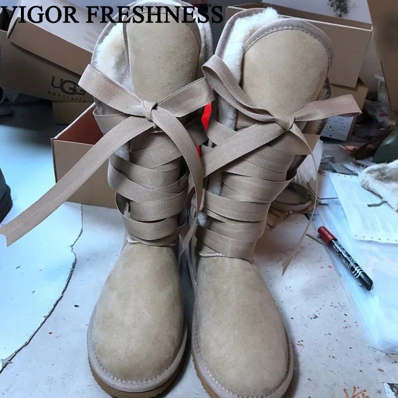 

VIGOR FRESHNESS Australian Style Snow Boots Women Shoes Real Leather Boots High Quality Woman Winter Boots Mid Calf SN44