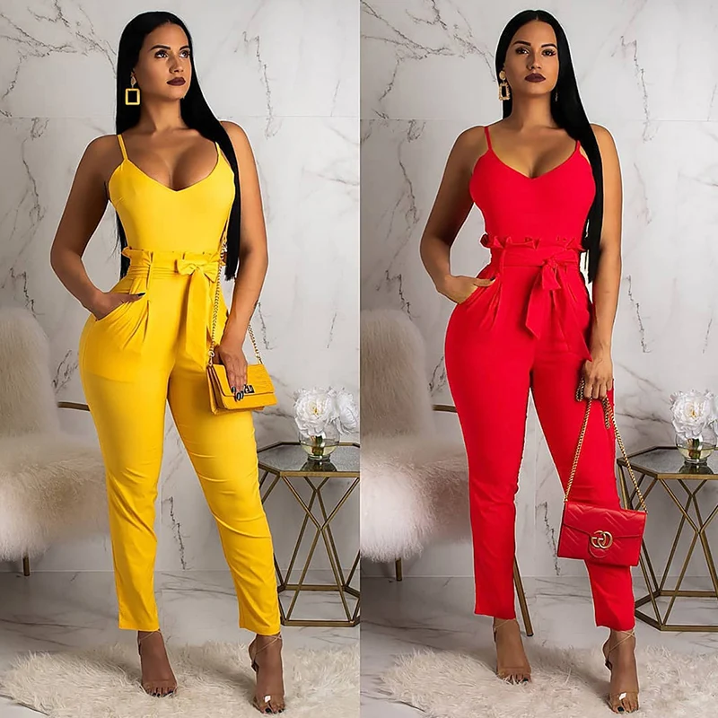 

Women Sexy Suspender Jumpsuit Spaghetti Strap Belt Romper Long Pants High Waist Overalls Elegant Party Office Plus Size Summer
