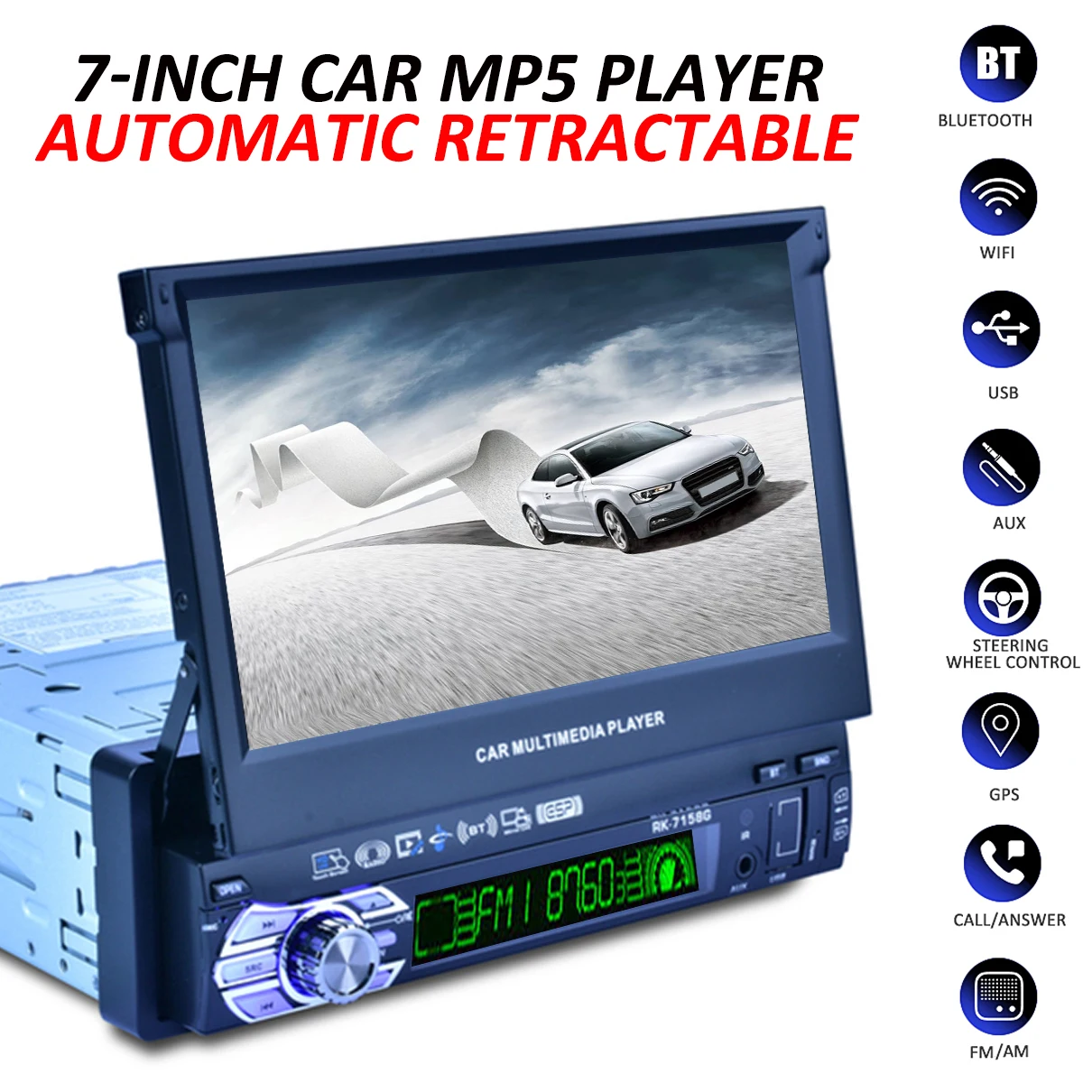 

1 DIN 7" HD Auto Retractable Screen bluetooth Car Radio Stereo Multimedia Player GPS Navigation Remote Control + Rearview Camera