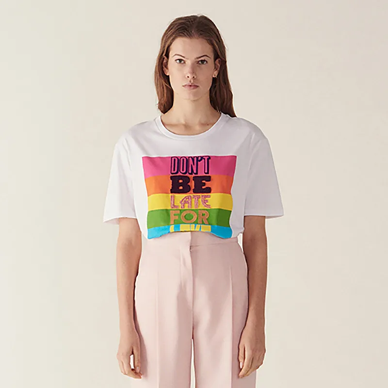 

Summer Korean Sweet Rainbow Striped Women White T-Shirt Tops 2019 Harajuku Letter Print Girl Streetwear Tee tshirt Clothes
