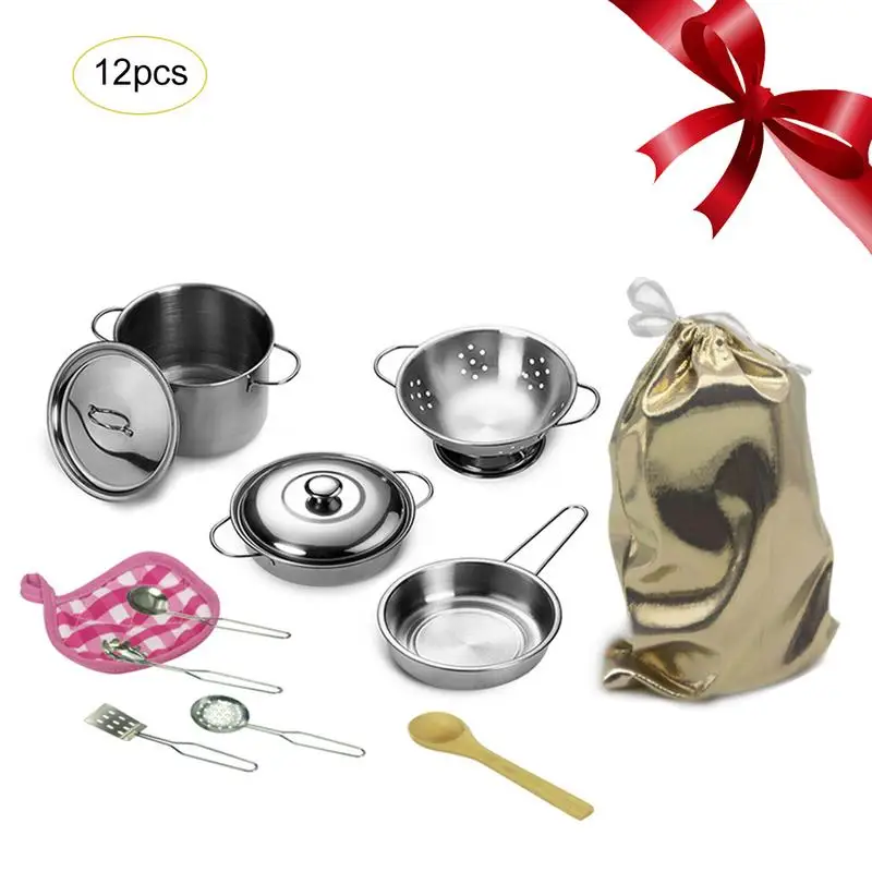 12Pcs Kitchen Toys Stainless Steel Cooking Pots Pans Food Kids Babies