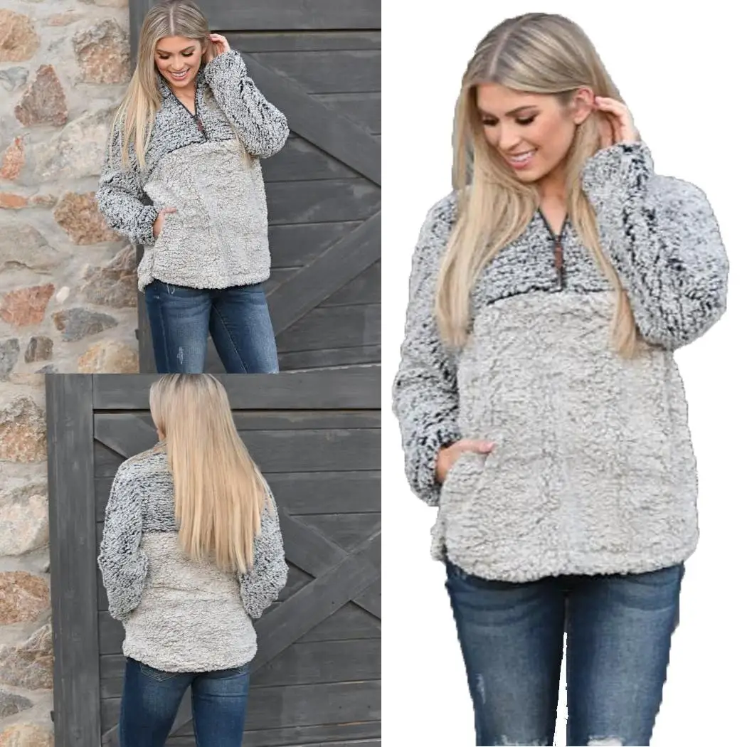 Women Fashion Pullovers Contrast Color Zipper Casual Patchwork Fall and Winter Thick Relaxed Plush Sweater | Женская одежда