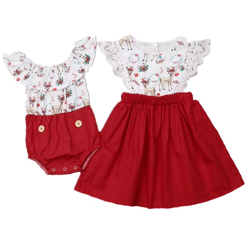 

Kids Baby Girl Christmas Sister Matching Clothes Romper Lace Dress Outfit Set[Christmas Deer Dress,6T]